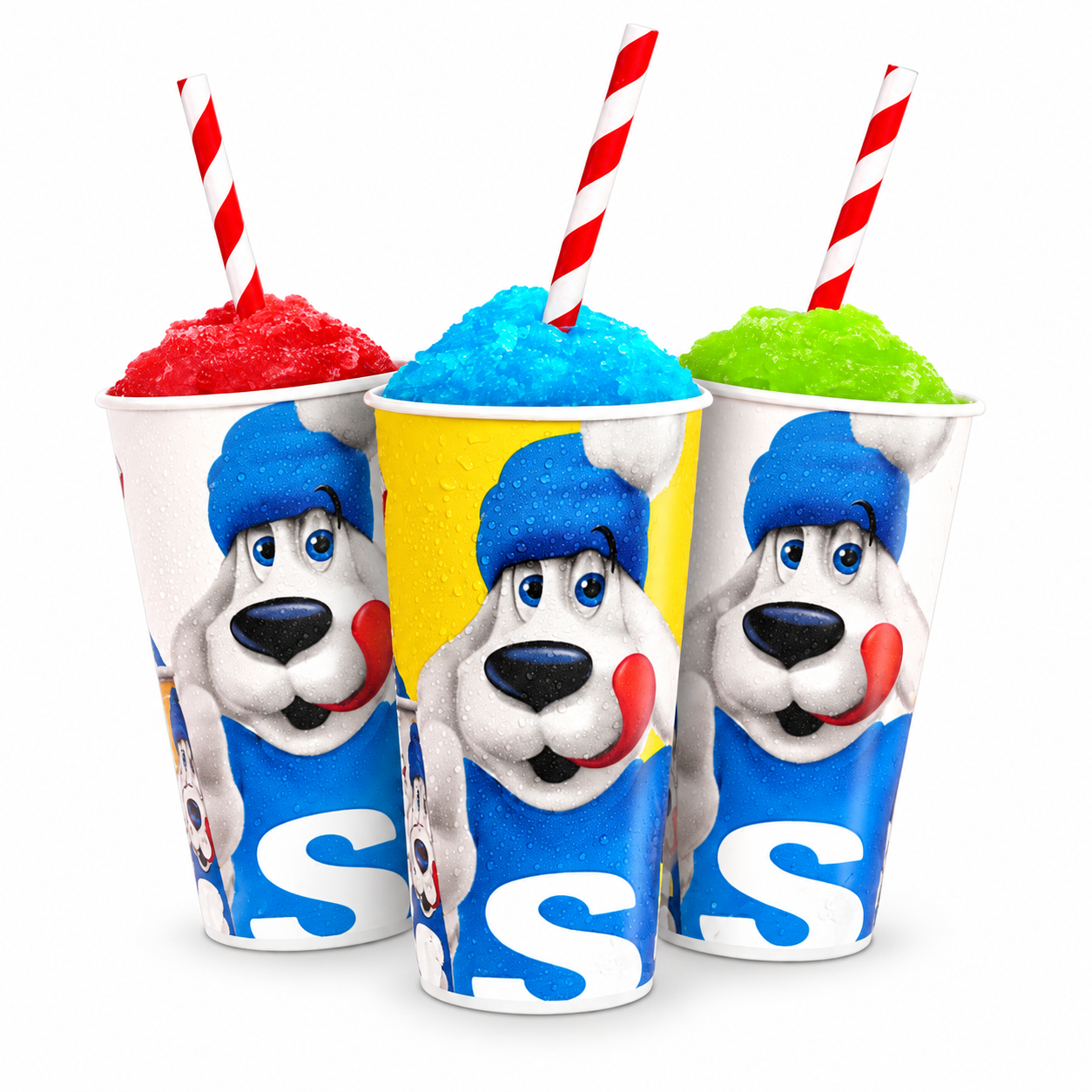 Three Slush Puppie cups with red, blue and green slush
